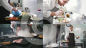 4 in 1: Chef preparing dishes in the kitchen - vegetables - meat