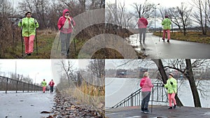 4 in 1: elderly women in autumn park doing nordic walking