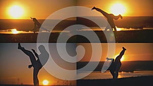 4 in 1 - fcrobat male is performed capoeira fighting in front of orange sunset
