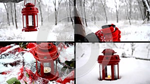 4 in 1. Girl holding red candle lantern in the winter forest.