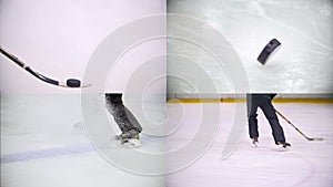 4 in 1: hockey player training with a puck and slows down on skates