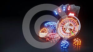 4 Aces Casino Gambling Concept Poker Cards and Roulette Wheel - 3D Illustration