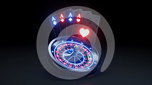 4 Aces Playing Cards and Roulette Wheel Online Casino Concept - 3D Illustration