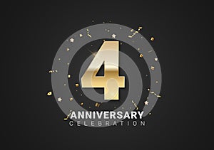 4 anniversary background with golden numbers, confetti, stars on bright black holiday background. Vector Illustration