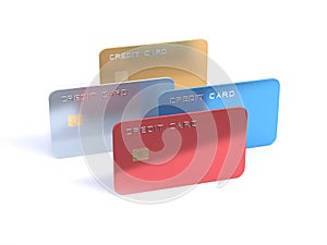 4 blank credit card red blue silver gold white background 3d render