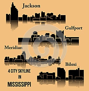 4 city silhouette in Mississippi ( Jackson, Meridian, Gulfport, Biloxi )