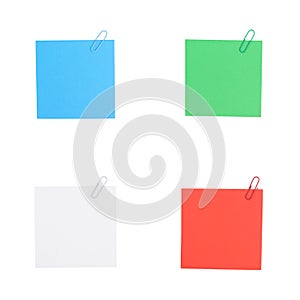 4 Color note paper with clip isolated on white background