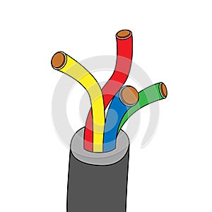 4 cores screened insulated wire. Multicore electric cable. Vector illustration. Simple stock cartoon image. red blue yellow green