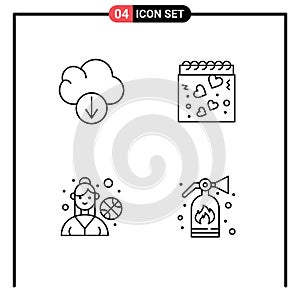4 Creative Icons Modern Signs and Symbols of cloud, outdoor game, calendar, romance, fire