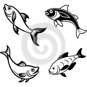 4 different jumping fish mascots designed, full body.