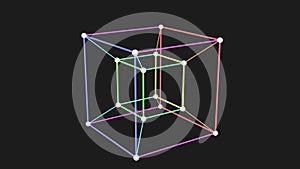 4 dimensional hypercube Tesseract rotating on black background. Looped shape motion geometry animation