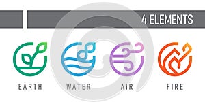 4 elements of nature earth , water ,  air and fire symbols with line abstract circle style vector design