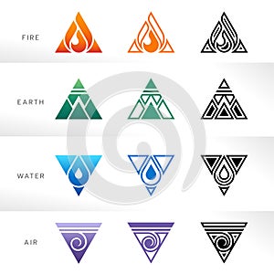 4 Elements of nature - fire earth water and air with triangle icon symbol collection vector design