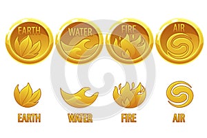 4 elements nature, golden art icons water, earth, fire, air for the game.