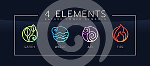 4 elements of nature power symbols with line bolder abstract circle earth, water, air and fire sign vector design