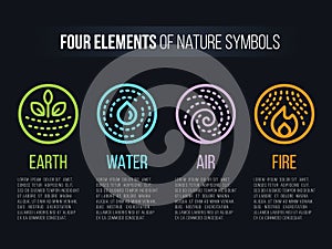 4 elements of nature symbols circle line boder and Dashed line with earth , fire , air and water vector design