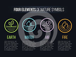 4 elements of Nature symbols with circle line border and Dashed line abstract sign. Water, Fire, Earth, air. vector design