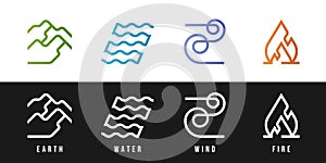 4 Elements of nature symbols collection - Earth, Water, Wind and Fire with modern border line icon symbols gradient and white tone