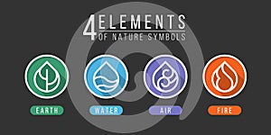 4 elements of nature symbols earth water air and fire with simple border line water drop icon in circle sign style vector design