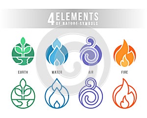 4 elements of nature symbols with earth water air and fire symbols, circle line and flat style collection vector design