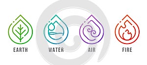 4 elements of nature symbols - earth water air and fire symbols with line modern in drop shape style vector design