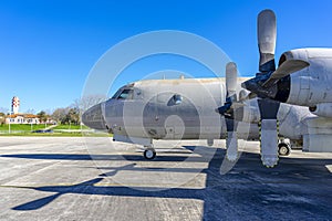 4-engine propeller plane on the runway of the N1 air base in Pero Pinheiro