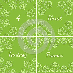 4 fantasy floral frames with ethnic style hand drawn leaf elements, white on green background, vector illustration