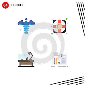 4 Flat Icon concept for Websites Mobile and Apps caduceus, office table, pharmacy, support, build