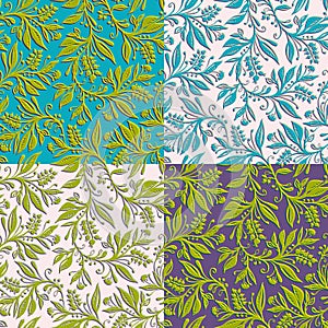 4 Floral seamless patterns with leaves and berries. Hand drawn and digitized.