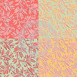 4 Floral seamless patterns with leaves and berries. Hand drawn and digitized.