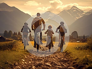 4 four person of Family biking on mountain with helmets on autumn forest. sporty background. back rear view of family with 2 two