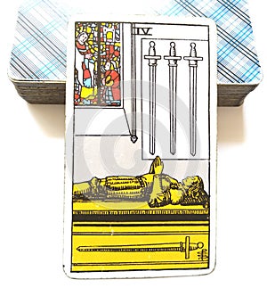 4 Four of Swords Tarot Card Mental Exhaustion Stress Overwhelmed Retreat Time-Out Healing Peace & Quiet