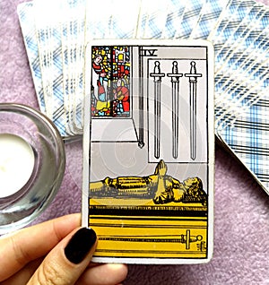 4 Four of Swords Tarot Card Mental Exhaustion Stress Overwhelmed Retreat Time-Out Healing Peace & Quiet