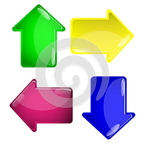 4 glossy arrow buttons. Color variation on white background. 3d volume effect