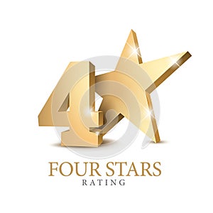 4 gold 3d star rating. Four star Symbol or emblem. vector