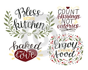 4 hand-lettering quotes about food Bless this kitchen. Baked with love. Enjoy your food. Count blessings, not calories