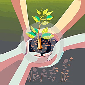 4 Hands Holding Small Tree for Planting Vector File Concept Earth Day