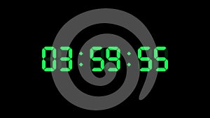 4 hour o`clock digital clock. Seconds count to four. Numerical electronic green display screen