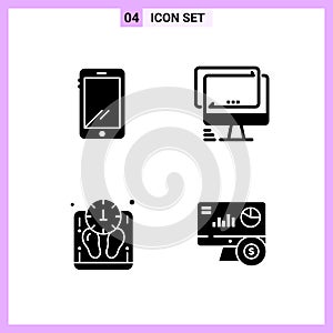 4 Icons in Solid Style. Glyph Symbols on White Background. Creative Vector Signs for Web mobile and Print