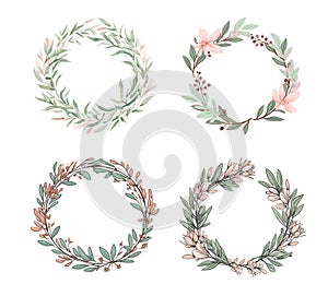 4 Illustrated sage green and blush color Isolated Wreath of flowers.Christmas elements.