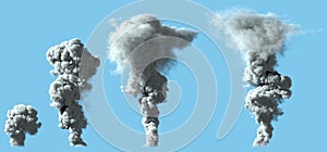 4 images of solid bright smoke column as from volcano or huge industrial explosion - disaster concept, illustration of object