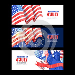 4 of July USA Independence Day. Horizontal holiday banner set with flag, salute and Statue of Liberty. Vector background