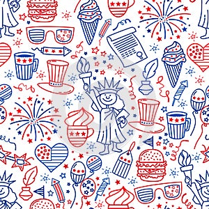 4 july. USA independence day seamless background.Hand draw traditional United States symbols . Doodle style vector