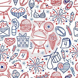 4 july. USA independence day seamless background.Hand draw traditional United States symbols . Doodle style vector