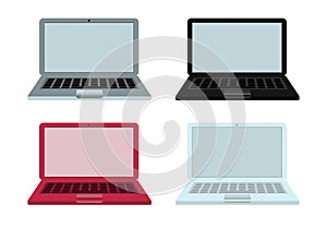 4 laptops - white, gray, black and red, front view, on a white isolated background. Vector illustration