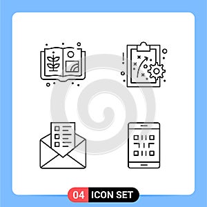 4 Line Black Icon Pack Outline Symbols for Mobile Apps isolated on white background. 4 Icons Set