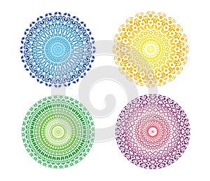 4 Mandalas in 4 colors. Openwork colorful circular ornament with Aum / Ohm / Om symbol. Yellow, orange, blue, green, red, purple.