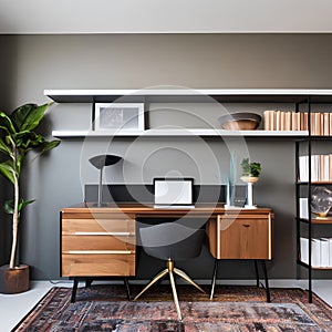 4 A mid-century modern home office with a mix of wooden and metal finishes, a large wall-mounted bookshelf, and a statement desk