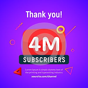 4 million followers vector post 4m celebration. Three millions subscribers followers thank you congratulation.