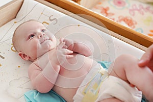 4 months old infant boy laying on changing desk, mother hands holding his legs